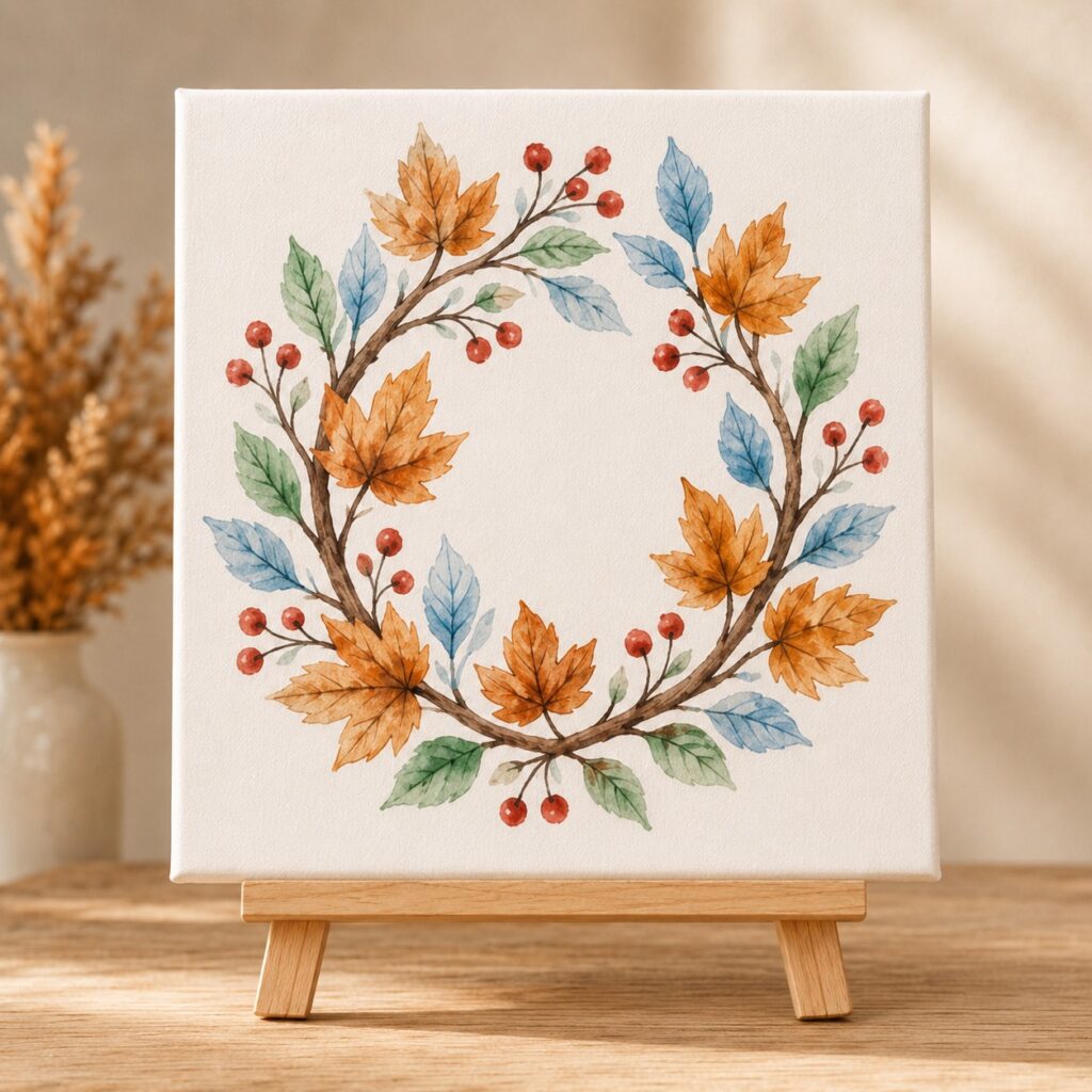 Watercolor painting of an autumn leaf wreath in warm fall colors on cream paper — Watercolor Wreath workshop project
